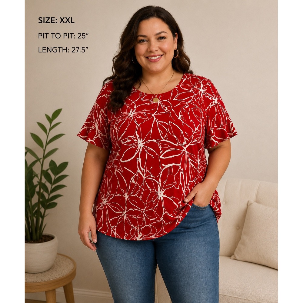 Liz Claiborne Red Floral Linen Blend Top XXL Tropical Blouse